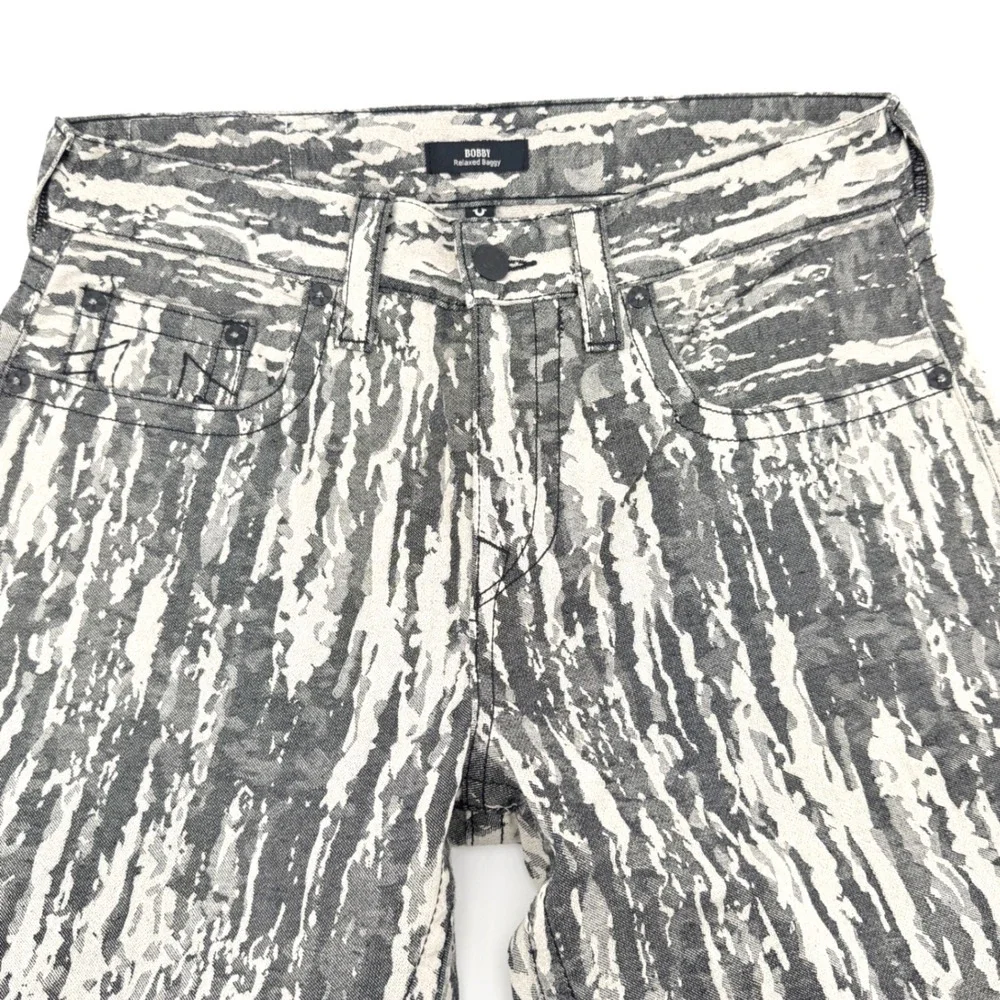True Religion Bobby Relaxed Baggy Mens 31 Grey/Cream Jacquard Jeans Y2K